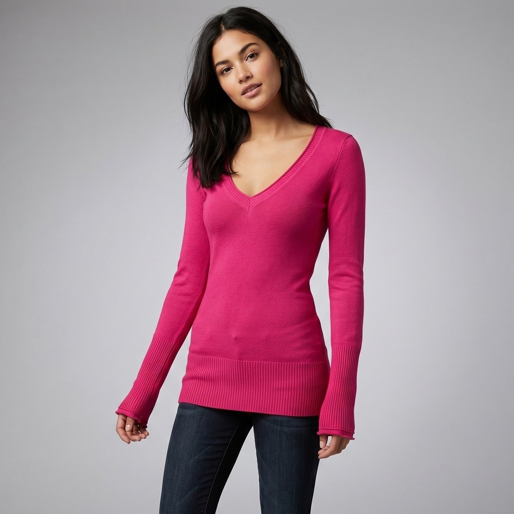 Aeropostale Womens M Pink Sweater V-Neck Pullover Long Sleeve Ribbed Knit Cotton